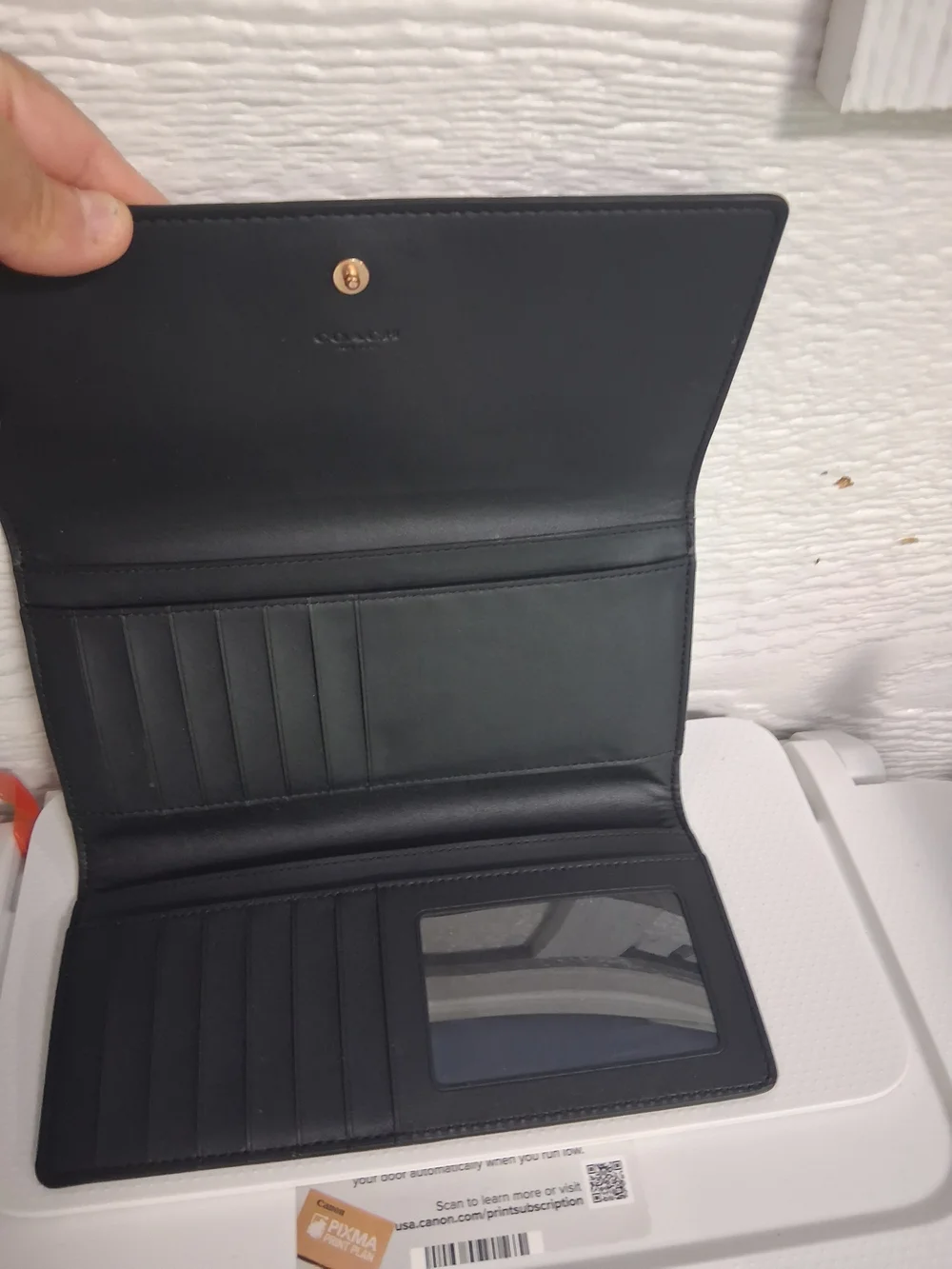 Coach Black Leather Continental Wallet with Brown Signature Trim